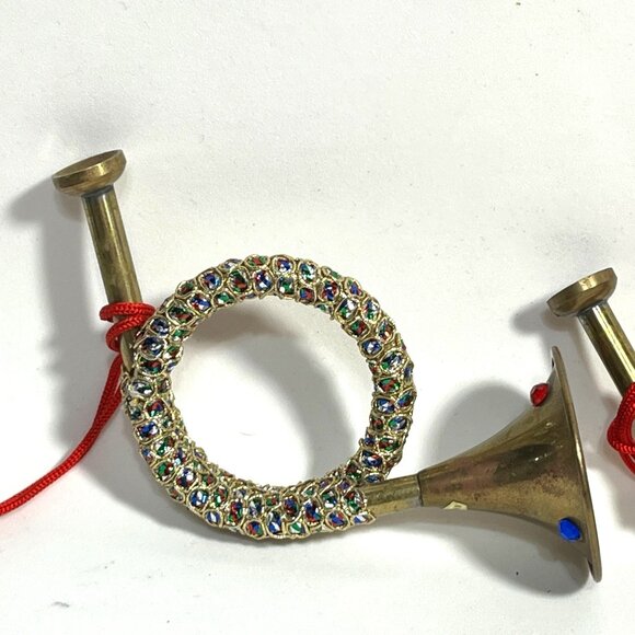 Vintage Bejeweled Brass Bugle Horn Christmas Ornaments set of 2 - Picture 2 of 6